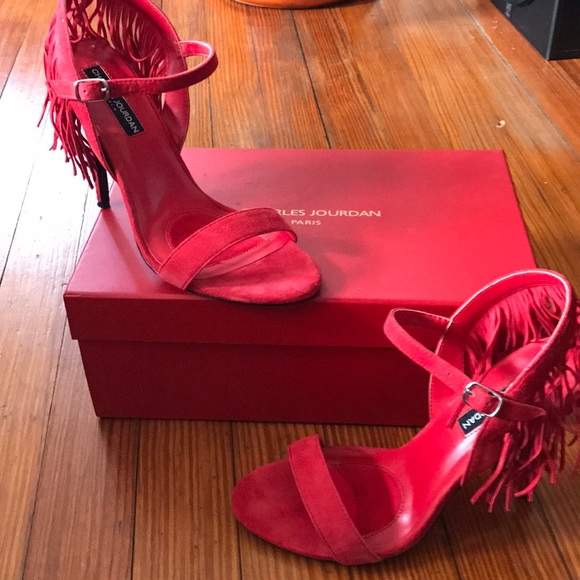 Charles Jourdan Boa red fringe suede sandals heels - Picture 2 of 5